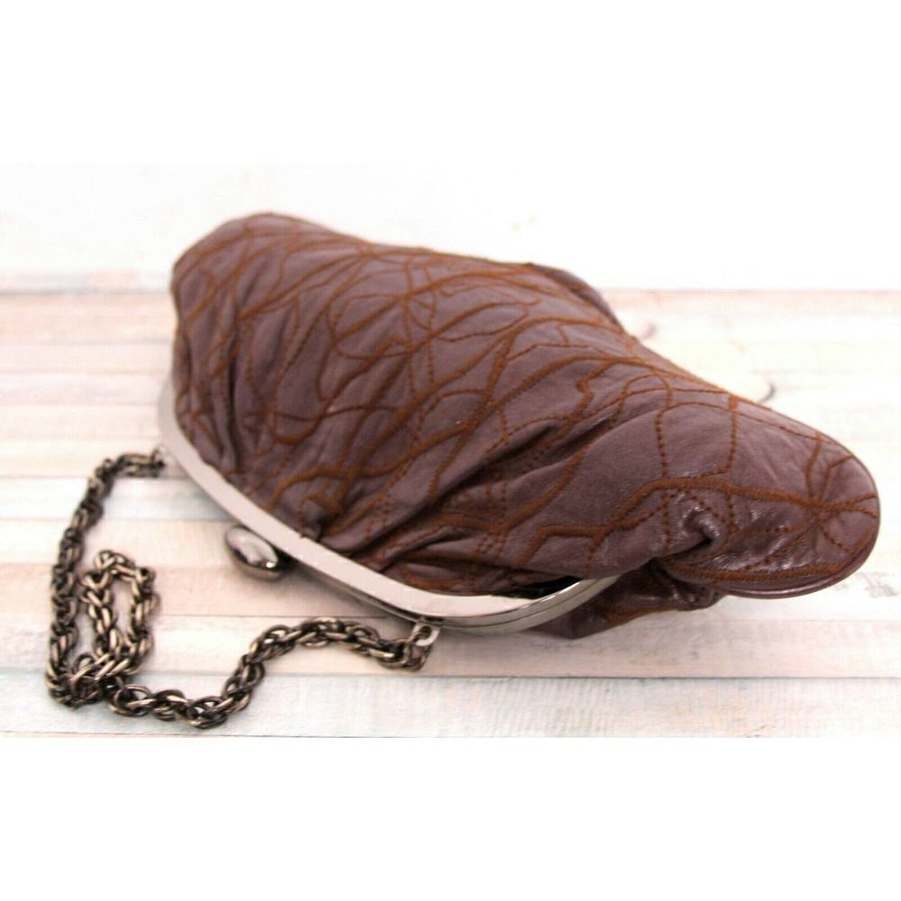 INGE PATCHWORK BROWN GENUINE LEATHER FRAME CHAIN HANDBAG SHOULDER BAG CLUTCH - Picture 8 of 10